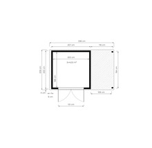 Grundrisszeichnung eines Gartenhauses mit Maßangaben in Zentimetern.