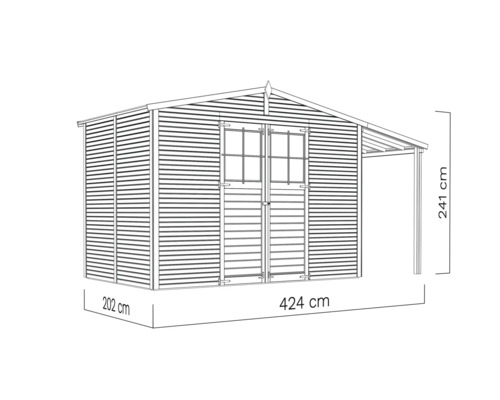 Abbildung eines Gerätehauses mit den Maßen 424 x 202 x 241 cm