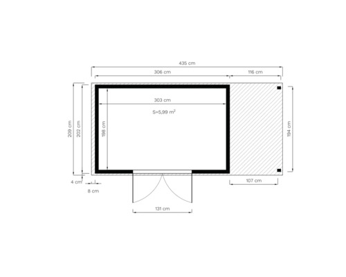 Grundrisszeichnung eines Gartenhauses mit Maßangaben in Zentimetern und Quadratmetern