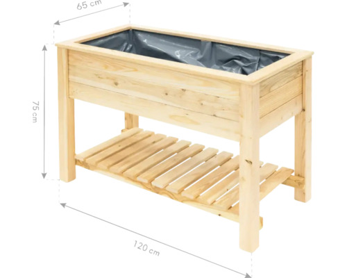Hochbeet aus Holz mit Ablage und den Maßen 120 x 65 x 75 cm.