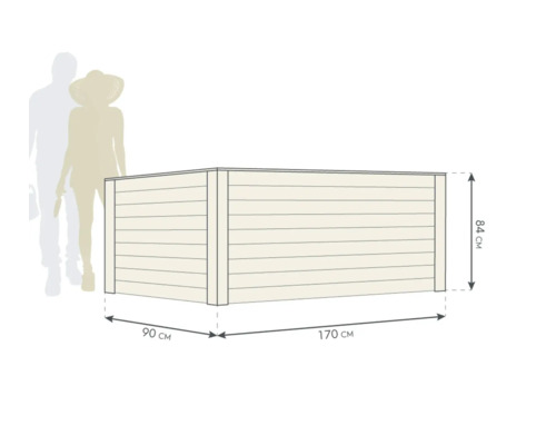 Abmessungen des Hochbeets: 170 Zentimeter Länge, 90 Zentimeter Breite und 84 Zentimeter Höhe.