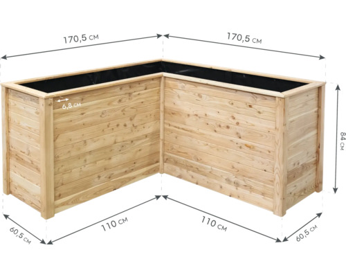 Eck-Hochbeet aus Holz mit den Maßen 170,5 cm x 170,5 cm x 84 cm