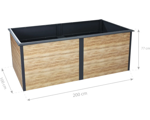 Hochbeet mit den Maßen 200 cm Länge, 100 cm Breite und 77 cm Höhe.