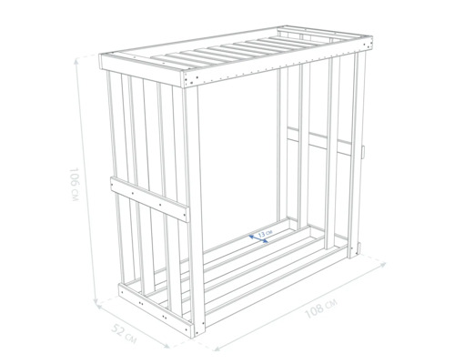 Abbildung eines Holzregals mit den Maßen 106 cm Höhe, 108 cm Breite und 52 cm Tiefe.