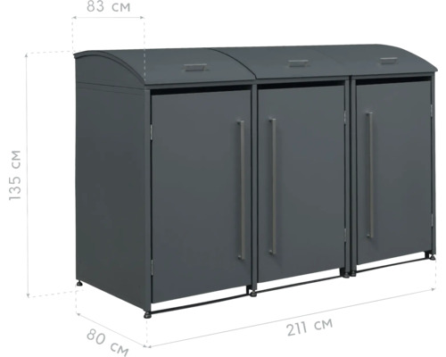 Graue Mülltonnenbox mit drei Fächern und Maßangaben