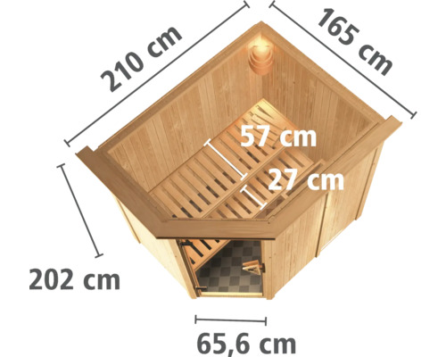 Abmessungen einer Ecksauna mit den Maßen 210 cm, 165 cm, 202 cm und 65,6 cm