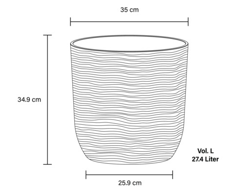 Technische Zeichnung eines Pflanzgefäßes mit den Maßen 34,9 cm Höhe, 35 cm Durchmesser oben, 25,9 cm Durchmesser unten und einem Volumen von 27,4 Litern