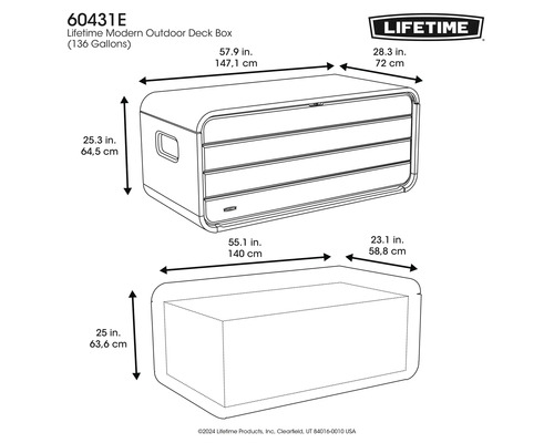 Abbildung einer Lifetime Modern Outdoor Deck Box mit Maßangaben