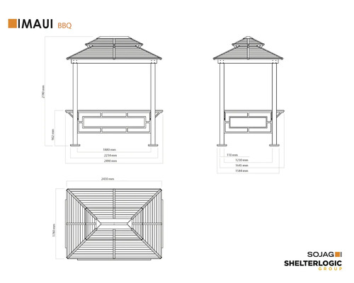 Technische Zeichnung eines IMAUI BBQ Pavillons mit Maßangaben