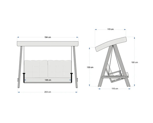 Skizze einer Schaukelbank mit Maßangaben