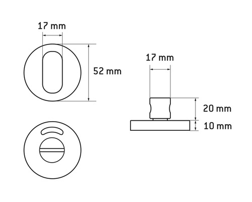 Technische Zeichnung eines Türschlosses mit den Maßen 17 mm, 52 mm, 20 mm und 10 mm