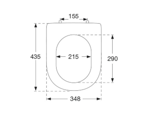 Technische Zeichnung eines Toilettensitzes mit Maßangaben.