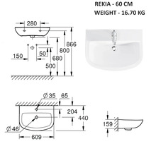 Technische Zeichnung Waschbecken Rekia, 60 cm, Gewicht 16,70 kg