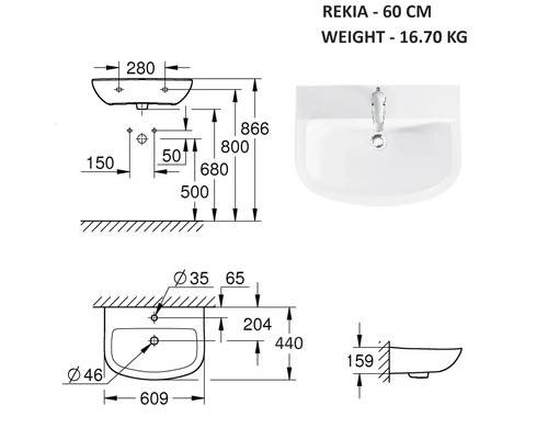 Technische Zeichnung Waschbecken Rekia, 60 cm, Gewicht 16,70 kg