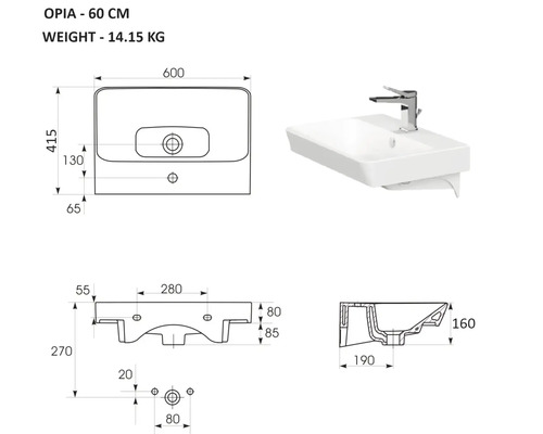Technische Zeichnung eines weißen Waschtischs mit Armatur und Maßangaben.