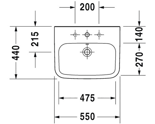 Technische Zeichnung eines Waschbeckens mit Maßangaben