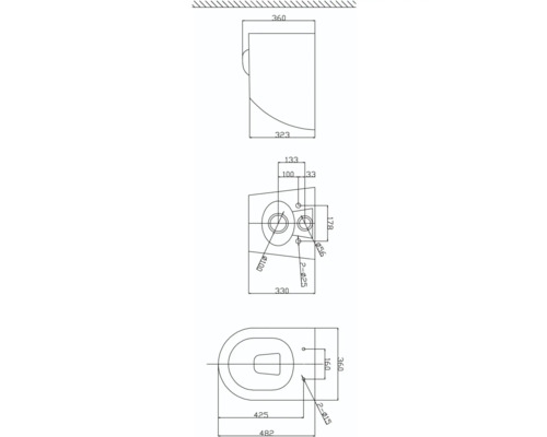Technische Zeichnung eines wandhängenden WCs mit Maßen