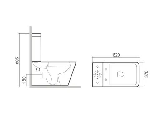 Technische Zeichnung einer Toilette mit Maßangaben für die Badplanung