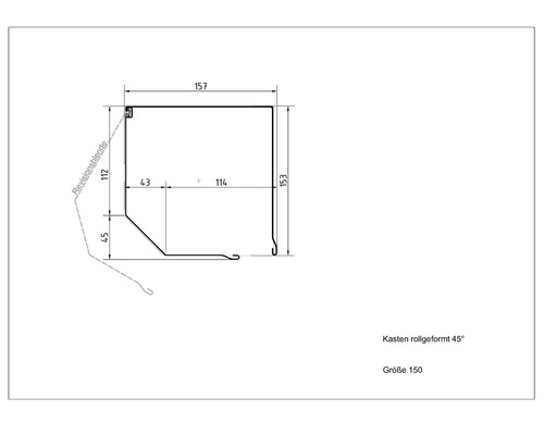 Technische Zeichnung Rollgeformter Kasten 45 Grad, Grösse 150