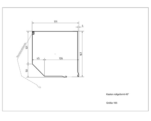 Technische Zeichnung eines rollgeformten Kastens mit den Maßen 171 x 167 mm.