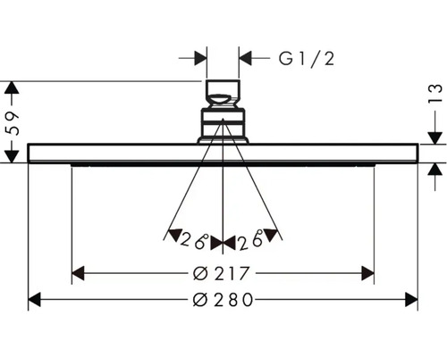 Technische Zeichnung eines Duschkopfes mit Maßangaben