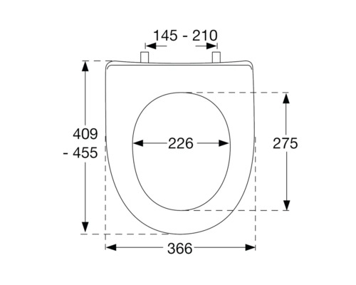 Technische Zeichnung eines Toilettensitzes mit Maßangaben