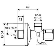 Technische Zeichnung eines Eckventils mit Maßangaben