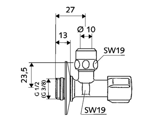 Technische Zeichnung eines Eckregulierventils mit Maßangaben