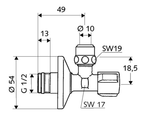 Technische Zeichnung eines Eckregulierventils mit Maßangaben