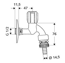 Technische Zeichnung eines Wasserhahns mit Maßangaben
