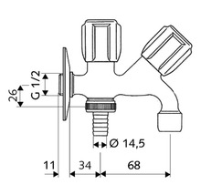 Technische Zeichnung einer Wasserarmatur mit Maßangaben