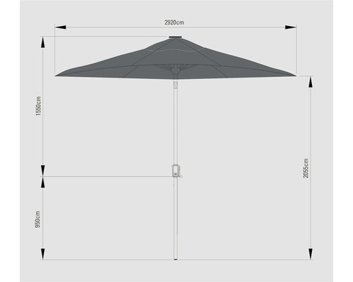 Technische Zeichnung eines Sonnenschirms mit den Maßen 2920 cm Breite, 1550 cm Höhe Schirm, 2055 cm Gesamthöhe und 950 cm Höhe Schirmunterkante.
