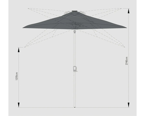 Abbildung eines Sonnenschirms mit den Maßen 2740 cm Höhe und 1370 cm Breite