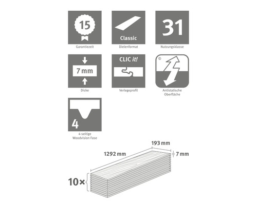 Informationen zu Garantiezeit, Dielenformat, Nutzungsklasse, Dicke, Verlegeprofil und antistatischer Oberfläche des Produkts