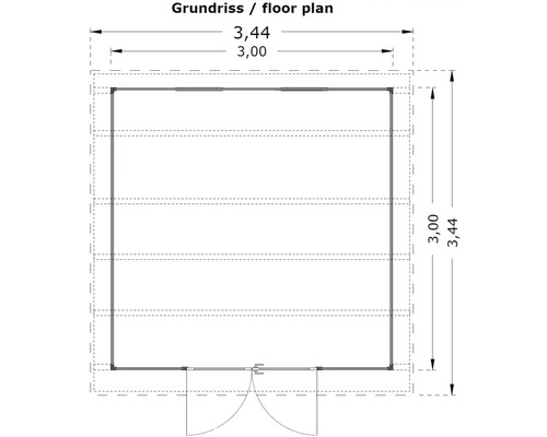 Grundriss eines Gartenhauses mit Maßangaben