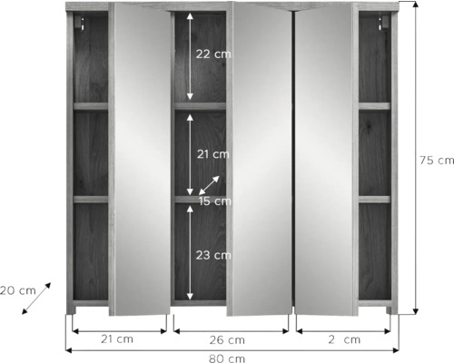 Abmessungen eines Spiegelschrankes mit Regalen und drei Türen.