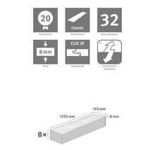 Informationen zu Laminat: Garantiezeit 20 Jahre, Dielenformat Classic, Nutzungsklasse 32, Dicke 8 mm, Verlegeprofil Clic it, antistatische Oberfläche und Maße.