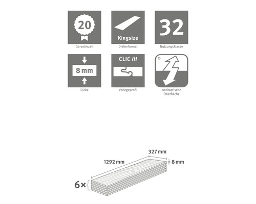 Informationen zu Garantie, Dielenformat, Nutzungsklasse, Dicke, Verlegeprofil und antistatischer Oberfläche des Produkts.
