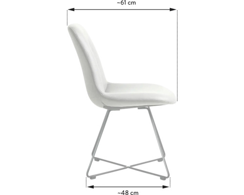Stuhl mit Metallgestell und einer Breite von 61 Zentimeter sowie einer Tiefe von 48 Zentimeter.