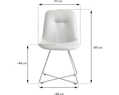 Abbildung eines Stuhls mit den Maßen circa 51 x 89 x 48 Zentimeter.