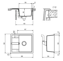 Technische Zeichnung einer Spüle mit Maßangaben