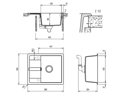 Technische Zeichnung einer Spüle mit Maßangaben