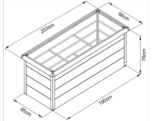 Technische Zeichnung eines Hochbeets mit Maßangaben.