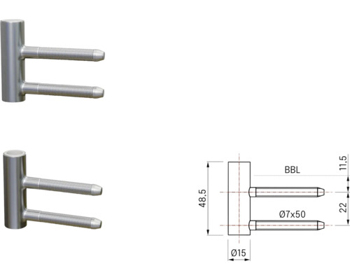 Zeichnung eines doppelten Bolzenriegels mit Maßangaben