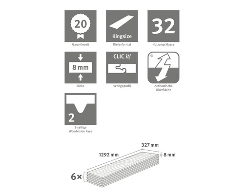 Informationen zu Garantiezeit, Dielenformat, Nutzungsklasse, Dicke, Verlegeprofil, antistatischer Oberfläche und Fase