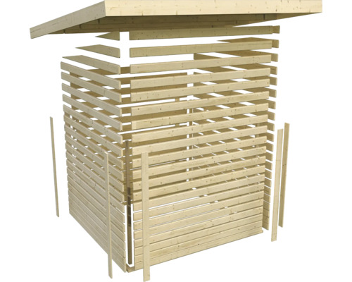 Holzunterstand mit Lamellenwänden und Dach