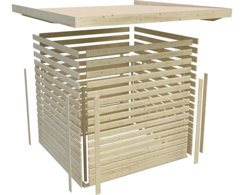 Unmontiertes Gartenhaus aus Holzlatten mit Flachdach