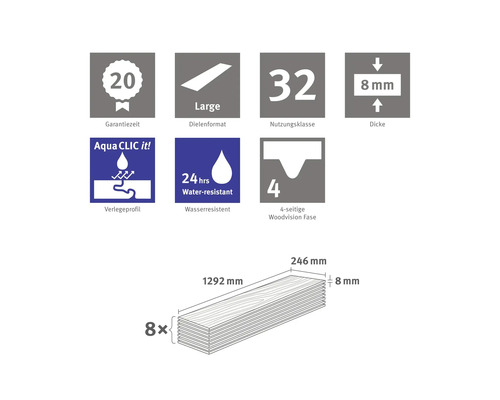 Informationen zu Laminat: 20 Jahre Garantiezeit, Dielenformat Large, Nutzungsklasse 32, Dicke 8 Millimeter, Aqua Clic it Verlegeprofil, 24 Stunden wasserresistent, vierseitige Woodvision Fase, Maße der Laminatpaneele.