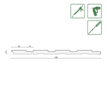 Technische Zeichnung einer Profilholzplatte mit Maßen und Symbolen für Montage