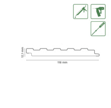 Technische Zeichnung eines Profilbretts mit Maßen 118 mm Länge und 12,1 mm Dicke, inklusive Symbolen für Montage mit Kartuschenpistole, Nagelgerät und Schrauben